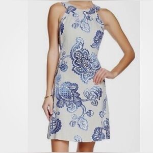 J. McLaughlin Edie Halter Linen Sleeveless Dress beige and blue floral print 6